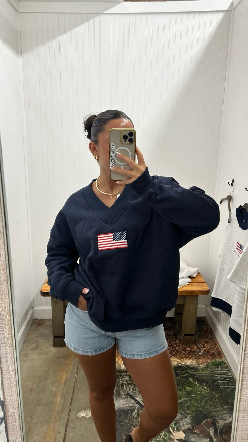 American Flag Embroidered  V-Neck Sweatshirt - Navy