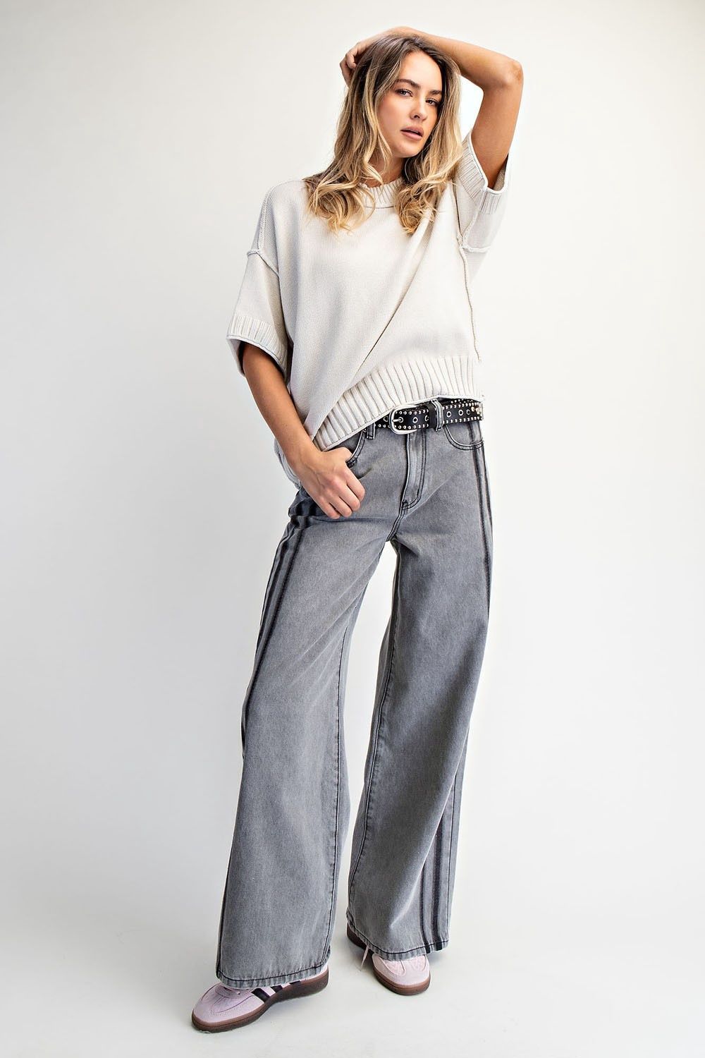 Oversized Short Sleeve Sweater - Light Silver