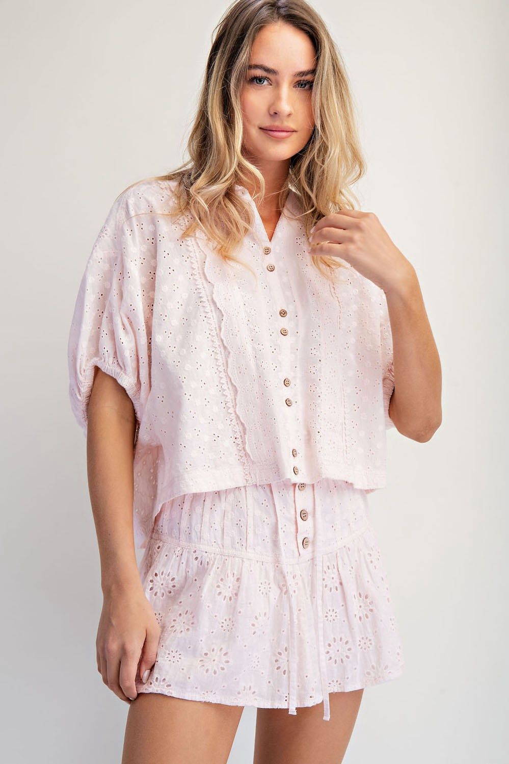 All Mine Eyelet Short Sleeve Button Top - Pink