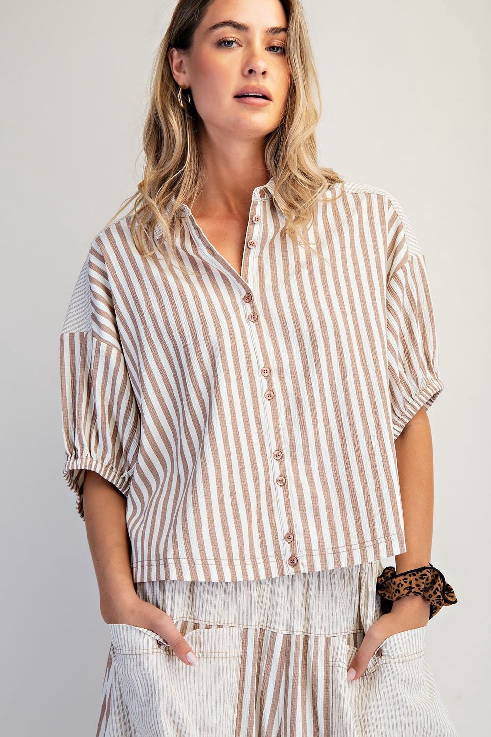 Boxy Striped Button Down Short Sleeve Top - Mocha Mouse