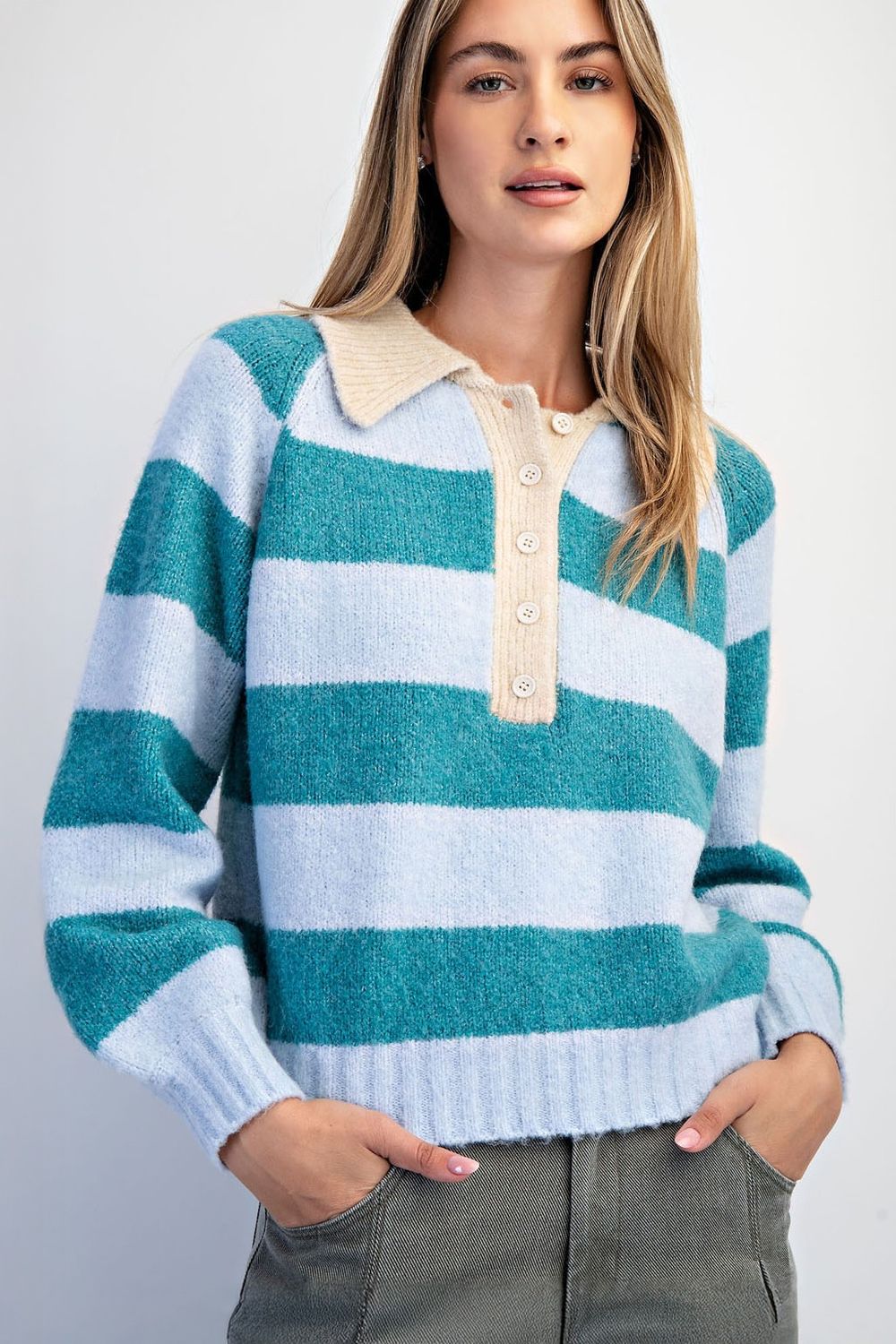 Cozy Striped Collared Sweater - Teal Combo