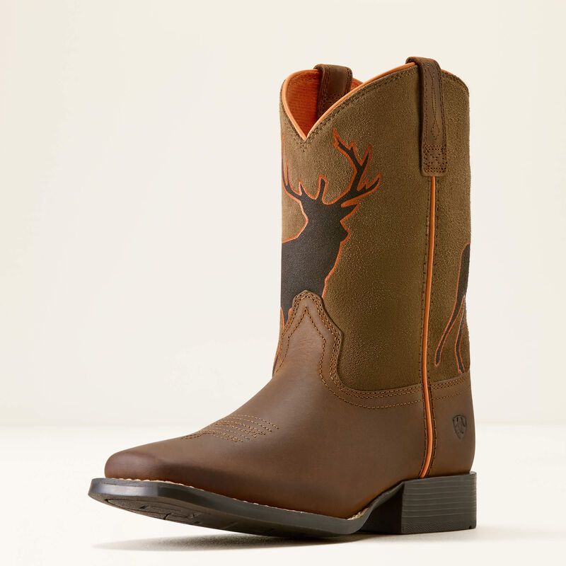 Youth Trail Cam Wide Square Toe Western Boot - Distressed Brown