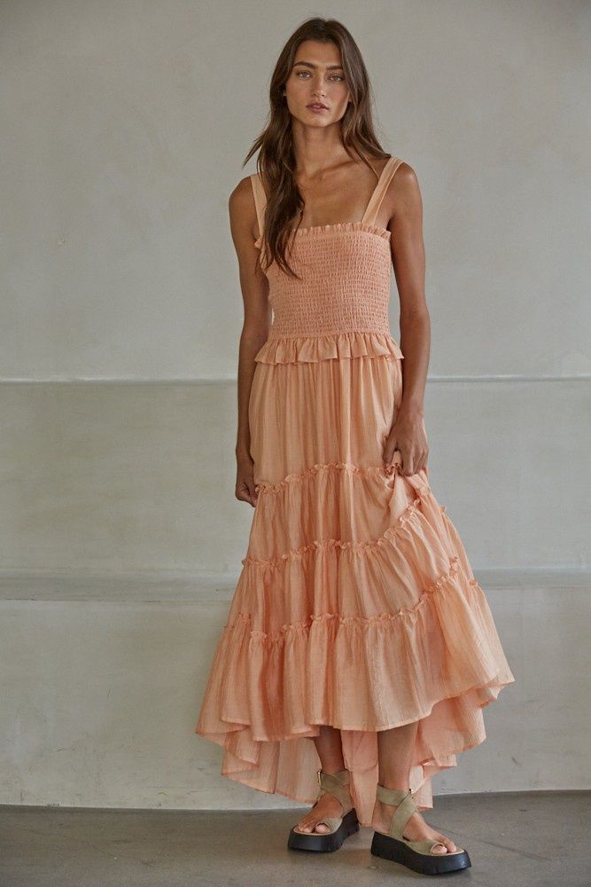 Nicolette Smocked Midi Dress - Peach
