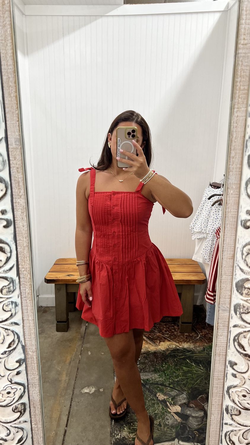 Canyon Pintuck Tie Mini Dress - Red