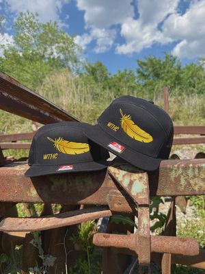 Gold Feather 7 Panel Hat - Black