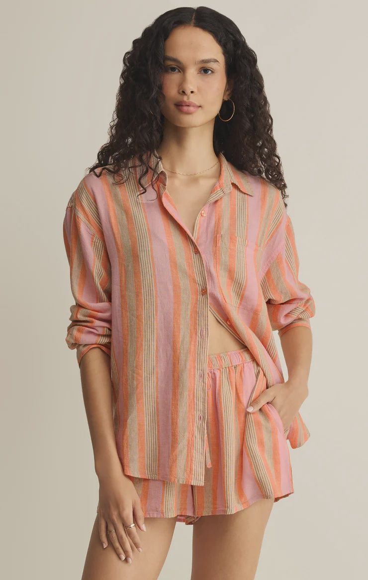 The Perfect Striped Button Up Top - Tiger Lily