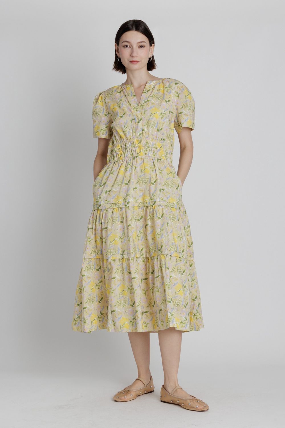 Belle Floral Pintuck Midi Dress - Yellow