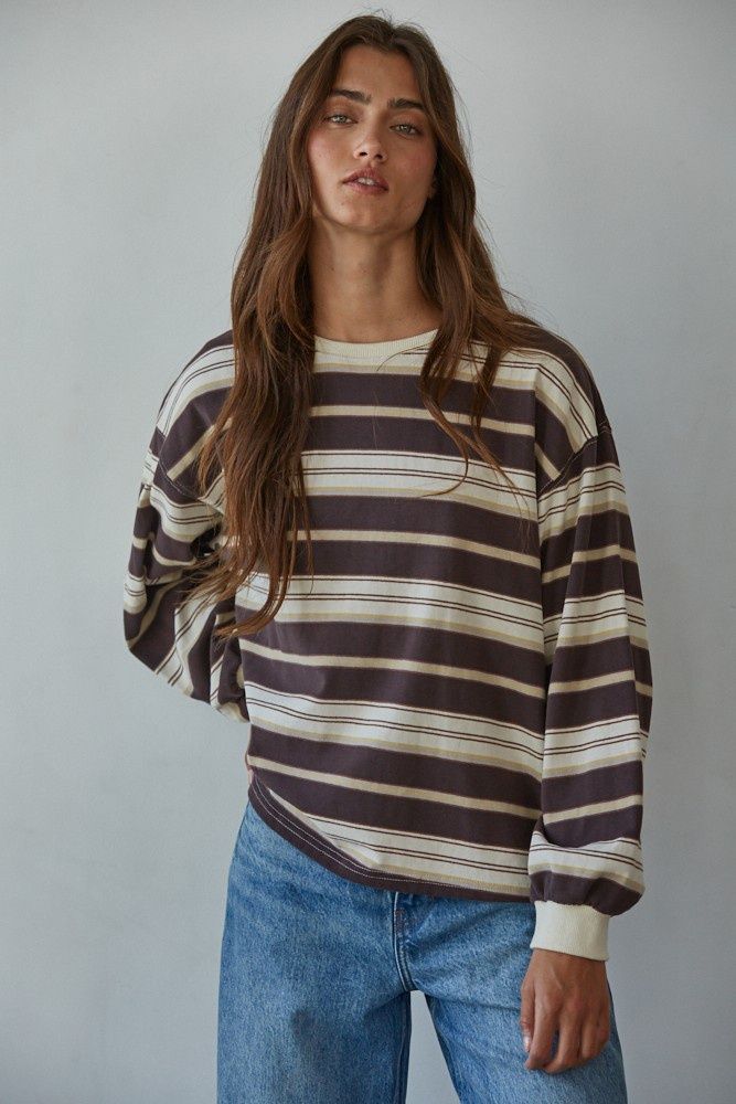 Molly Long Sleeve Striped Top - Cream / Brown