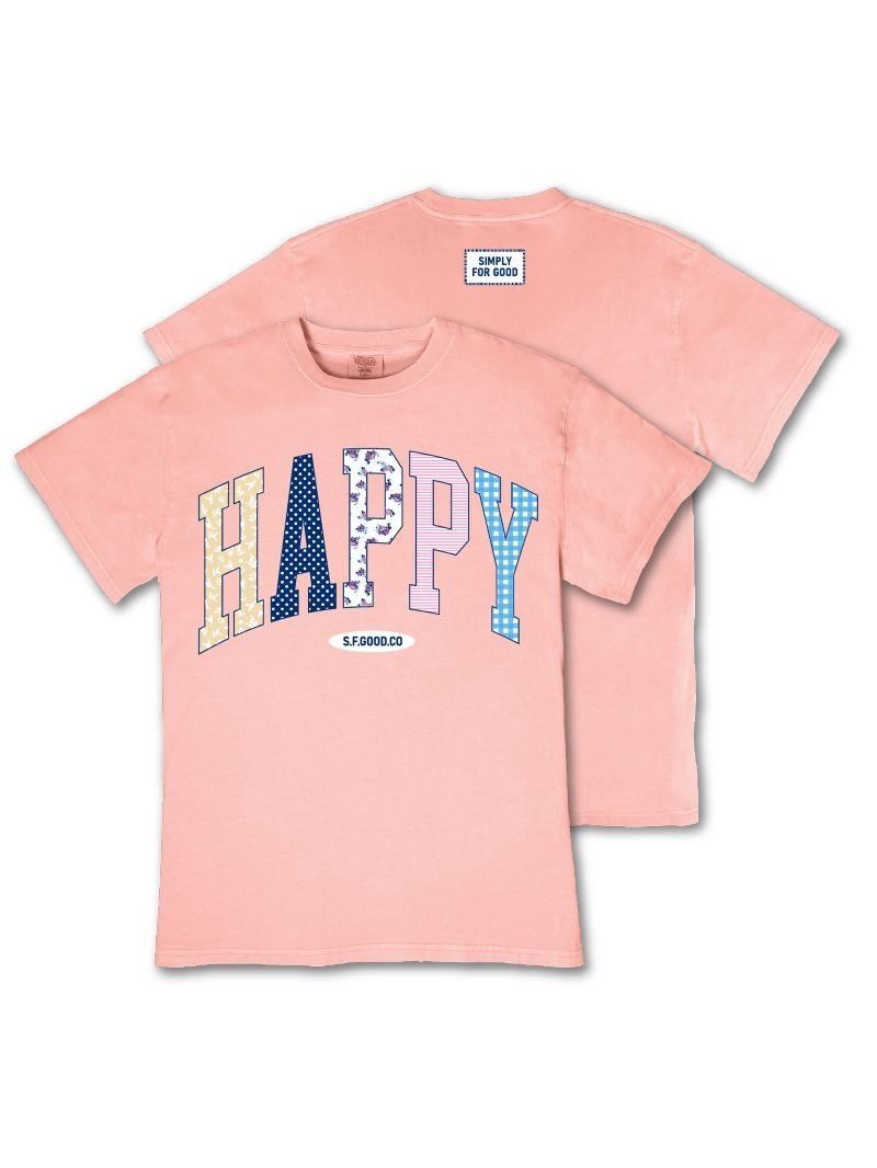 Happy Front Graphic Short Sleeve T-Shirt - Light Peach