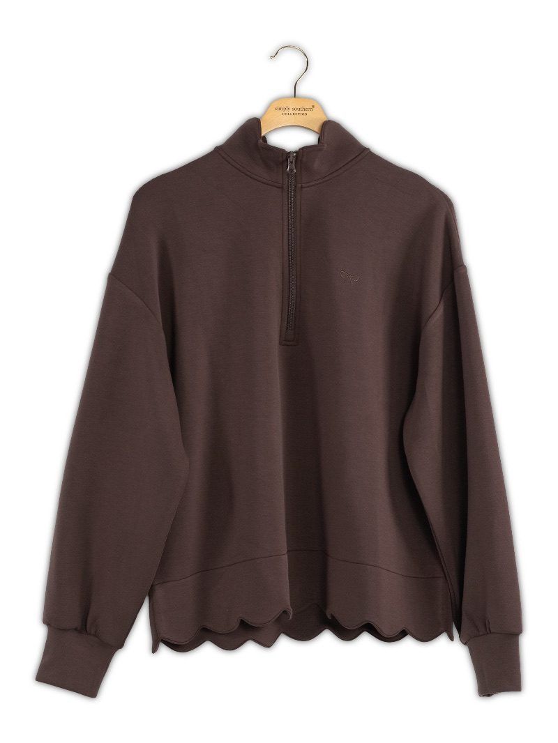 Scalloped Long Sleeve Pullover - Coffee