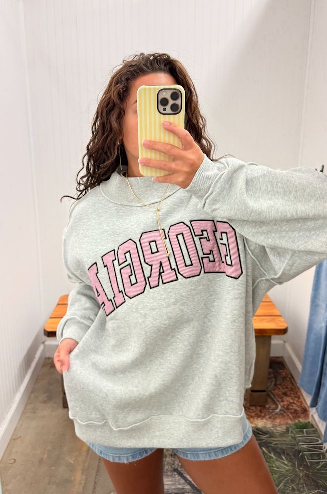 Georgia Embroidered Mock Neck Sweatshirt - Red/ White