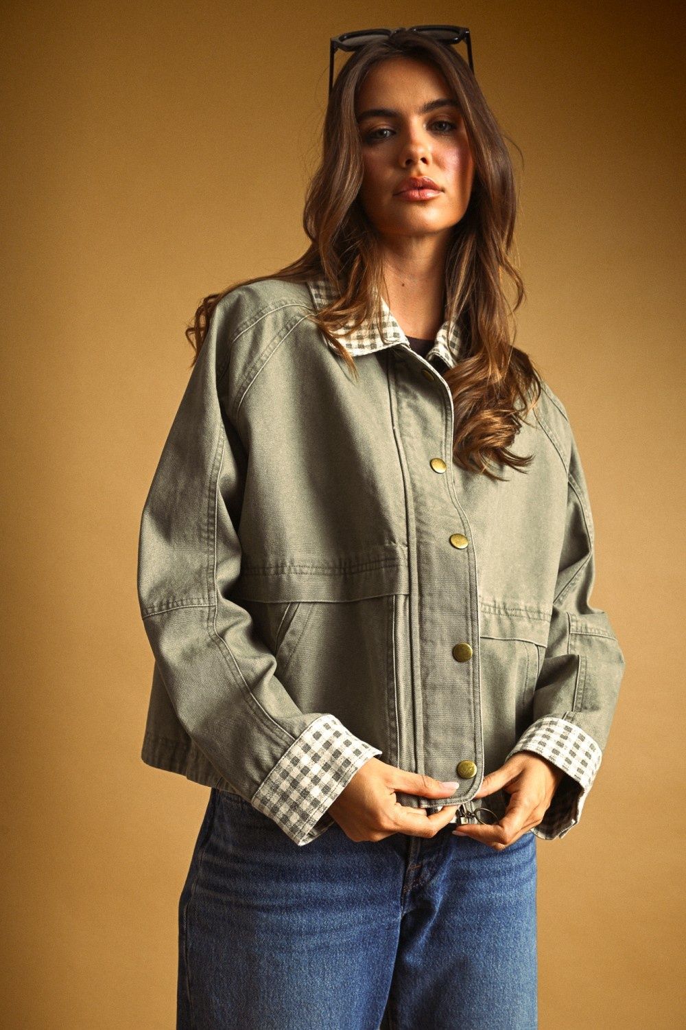 So Well Gingham Collar Jacket - Olive
