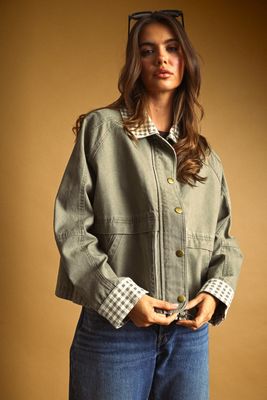 So Well Gingham Collar Jacket - Olive