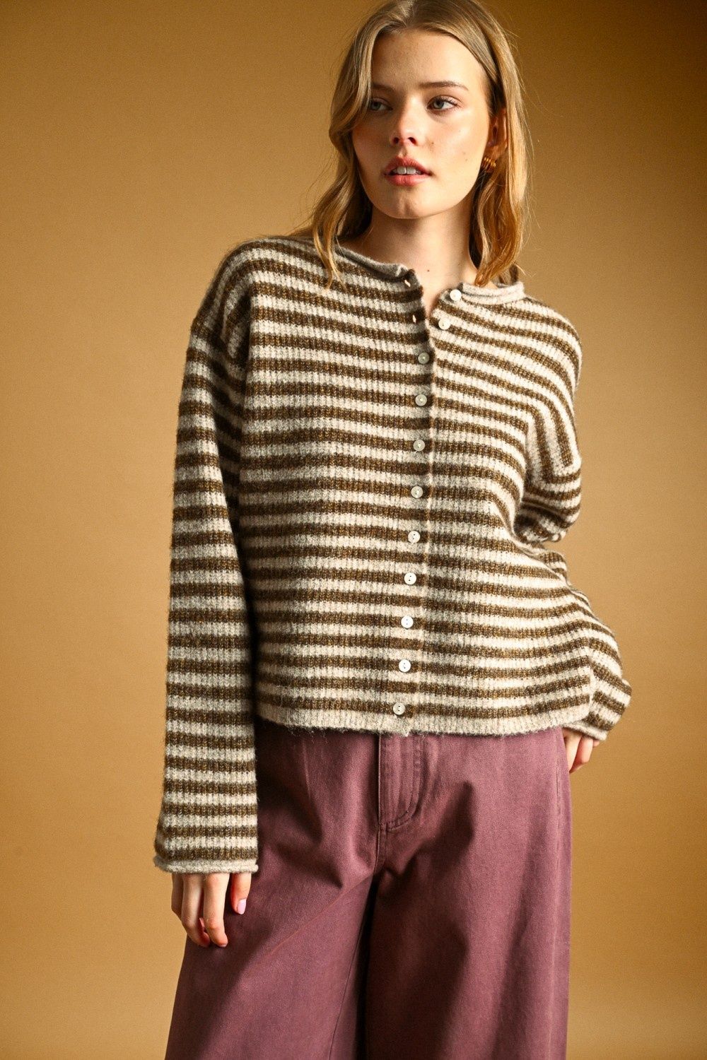 Sadie Striped Button Front Sweater Cardigan - Mocha/ Oat