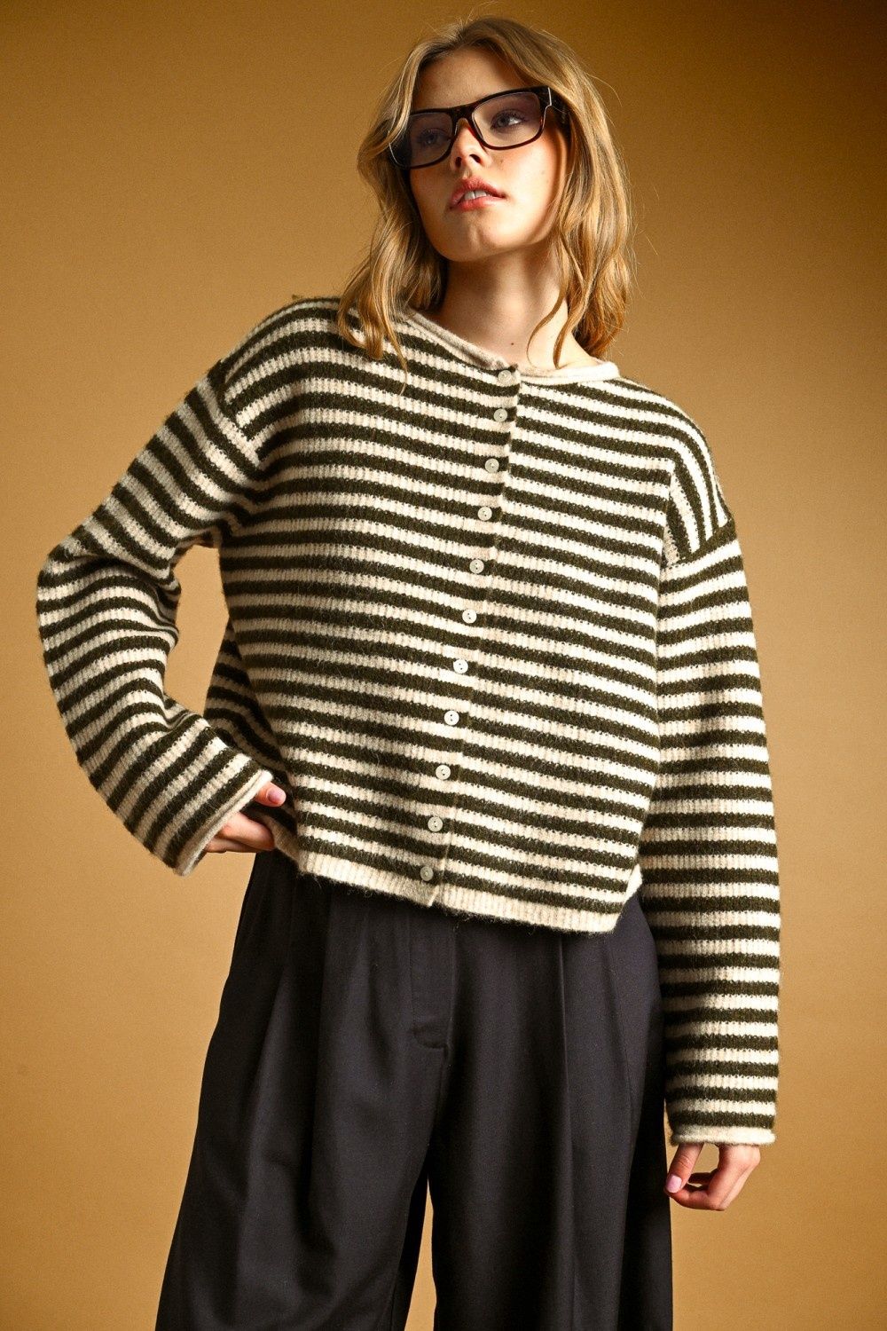 Sadie Striped Button Front Sweater Cardigan - Olive / Oat
