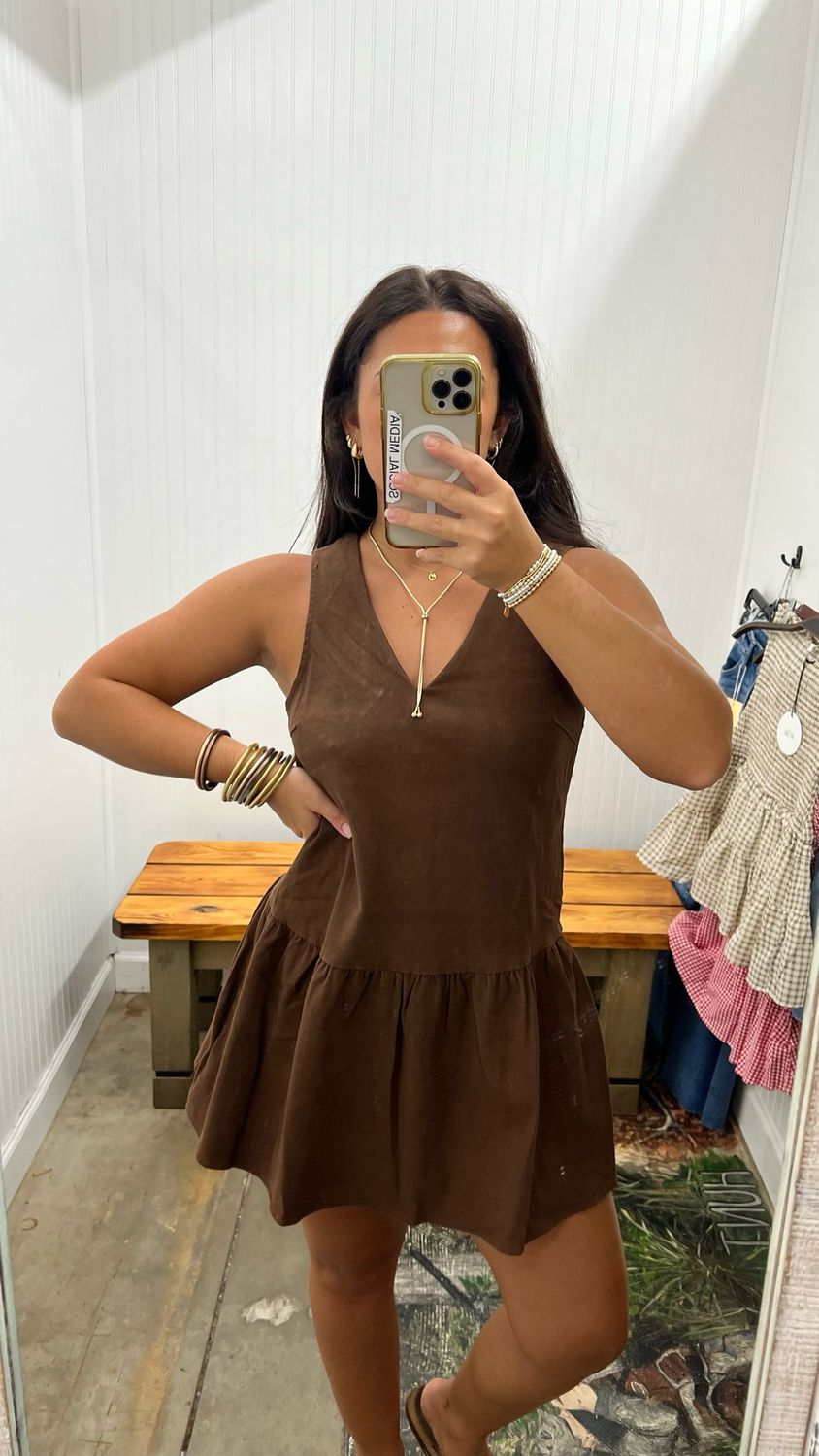 The Oakley Drop Waist Denim Mini Dress - Washed Brown