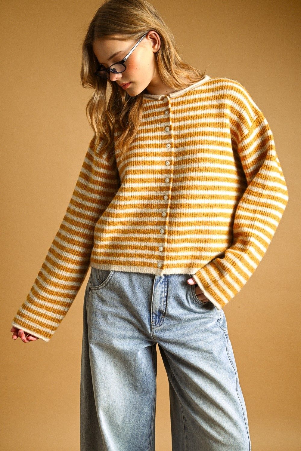 Sadie Striped Button Front Sweater Cardigan - Mustard / Oat