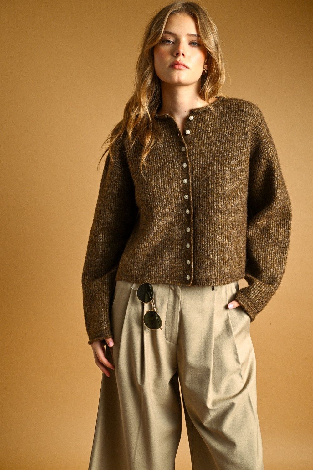 Alice Button Front Ribbed Sweater Cardigan - Brown