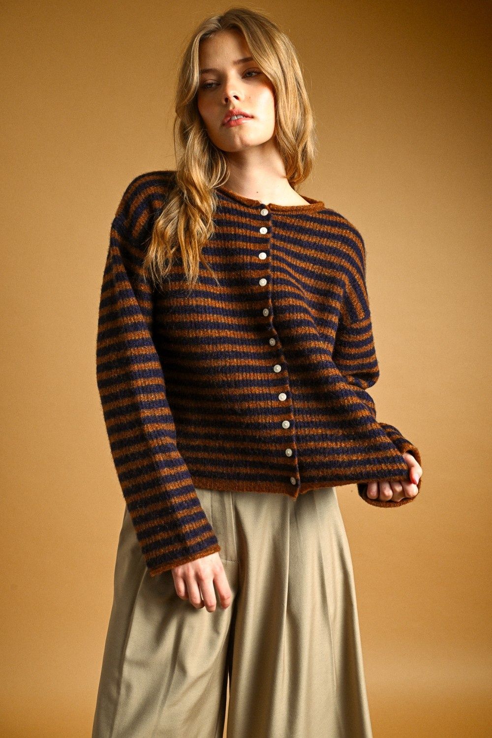 Sadie Striped Button Front Sweater Cardigan - Brown / Navy
