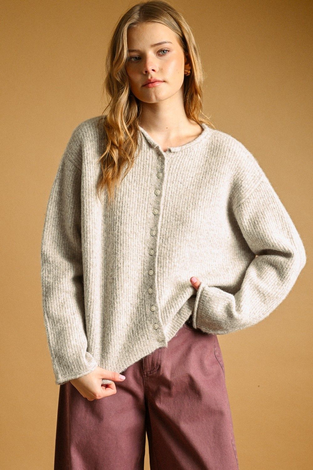 Alice Button Front Ribbed Sweater Cardigan - Grey