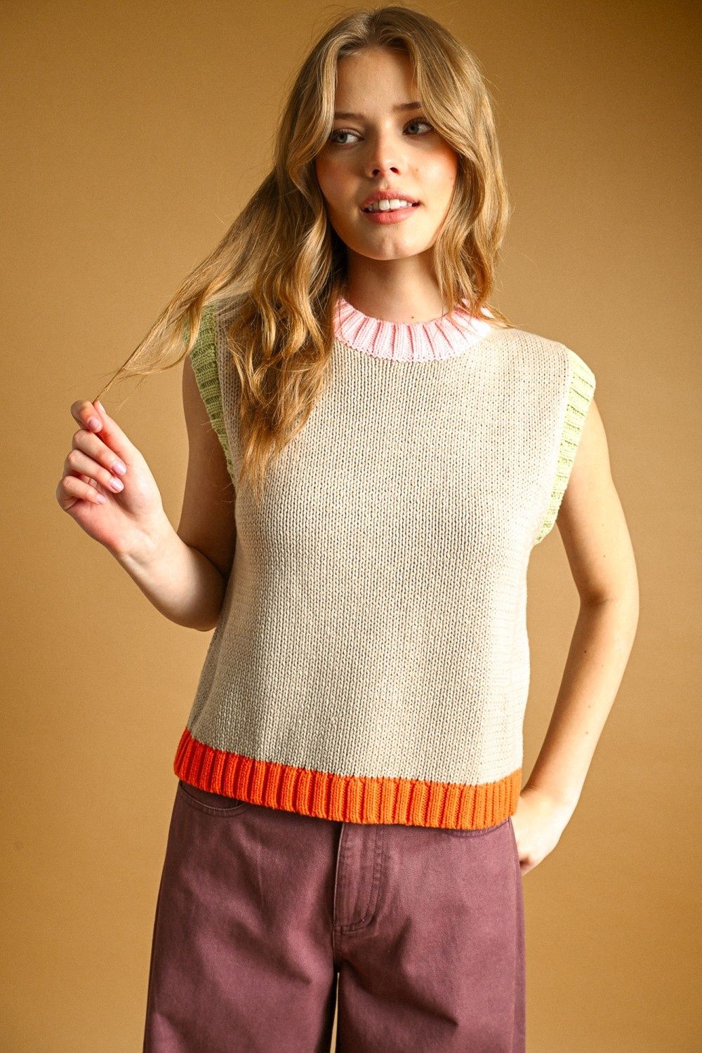 Zoe Color Contrasted Sleeveless Knit Top - Oatmeal Combo