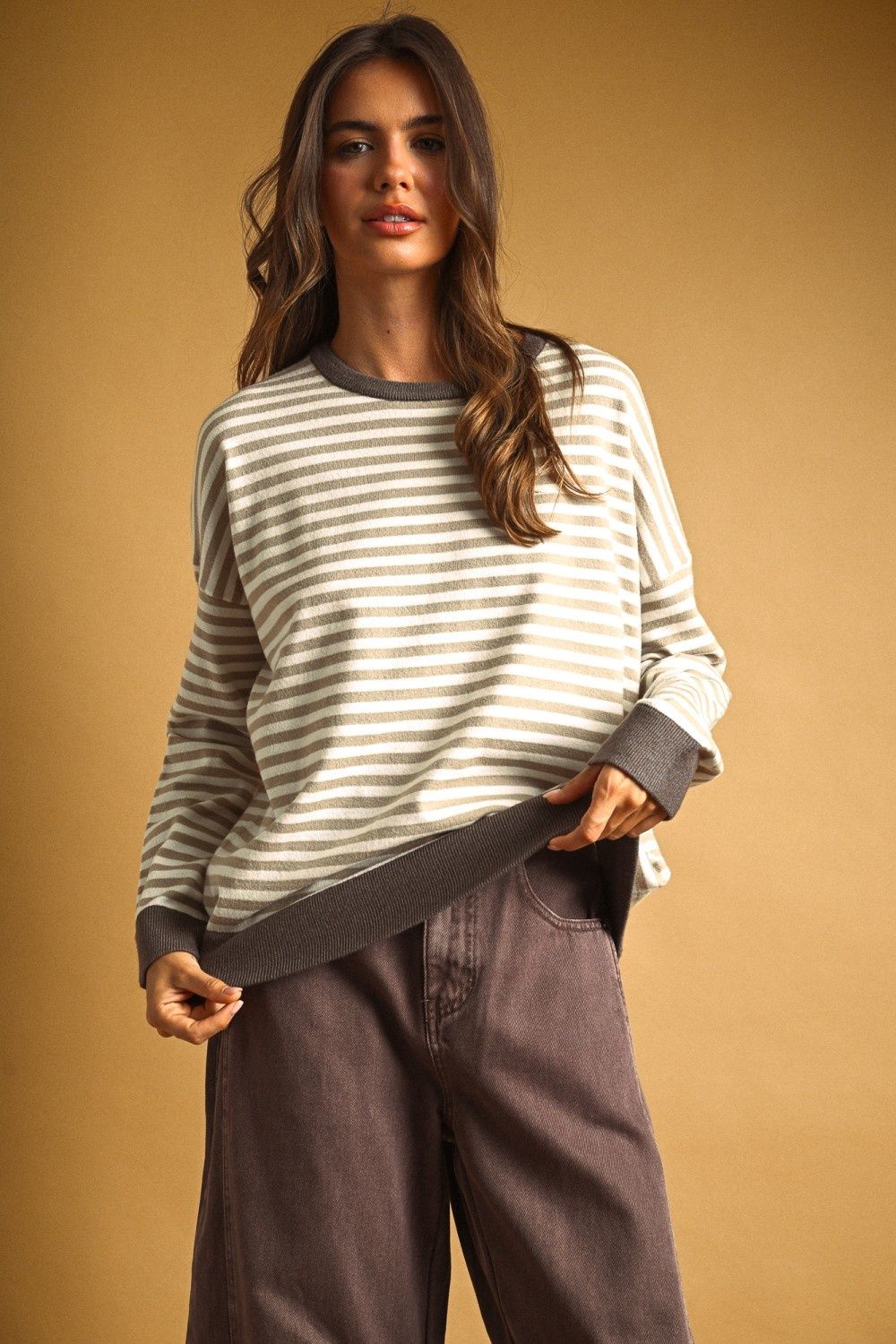Amelia Striped Multi Color Contrast Knit Top - Tan