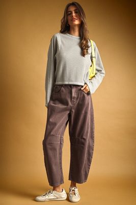 Striped Waffle Fabric Long Sleeve Top - Grey