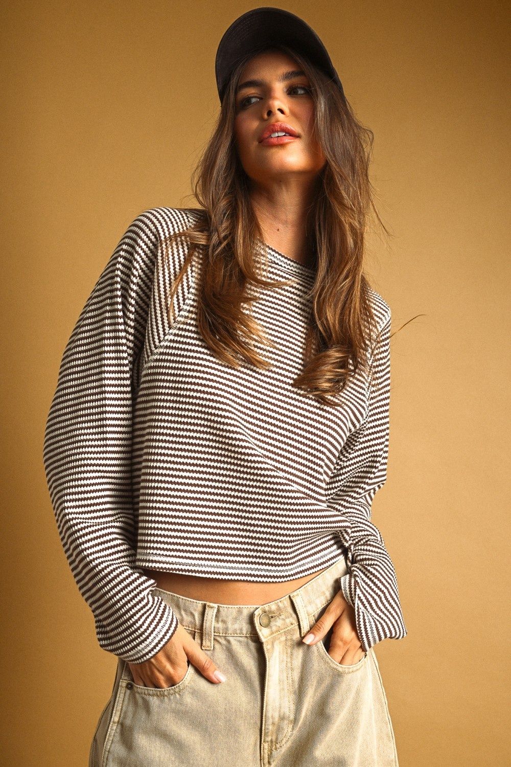 Striped Waffle Fabric Long Sleeve Top - Brown