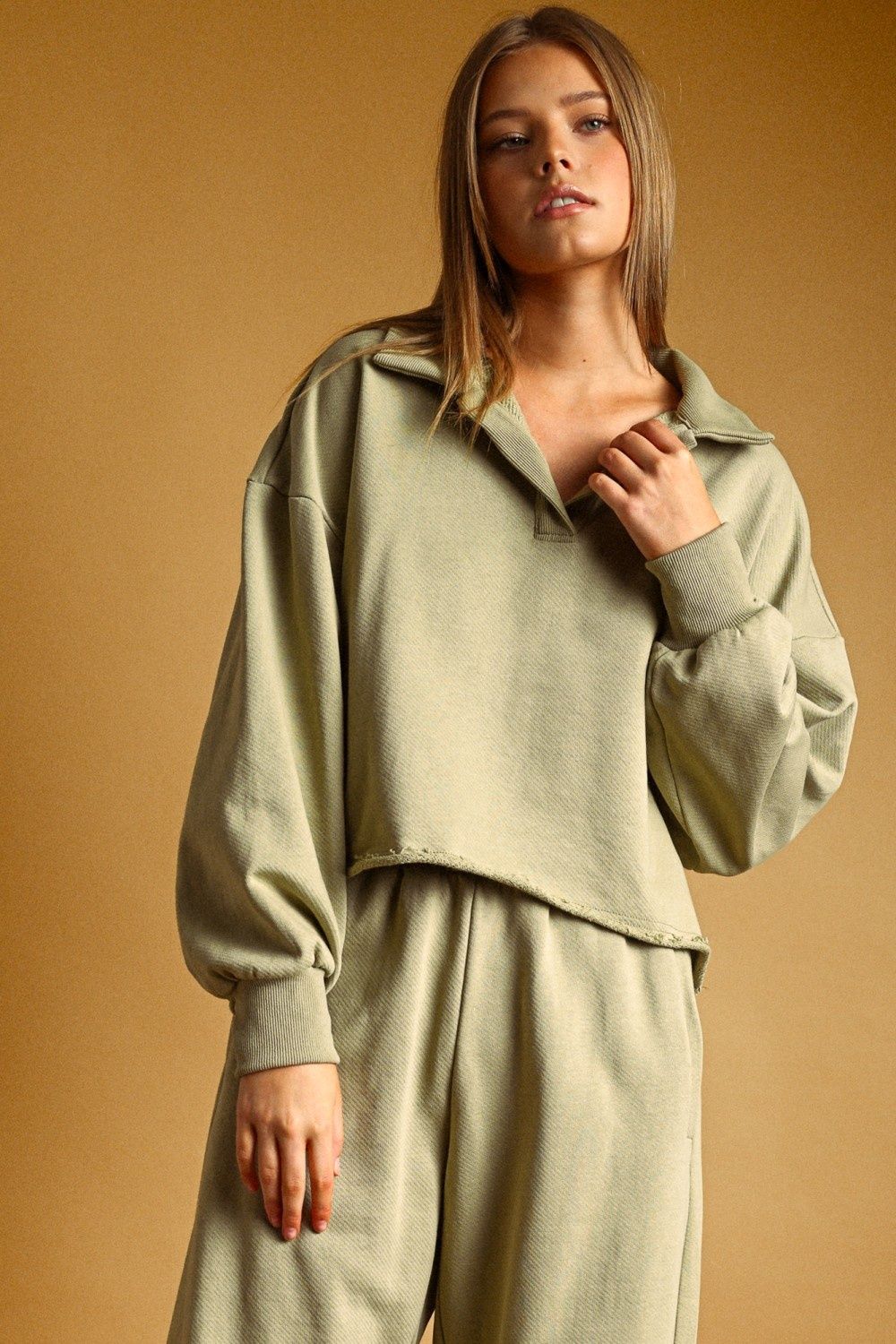 French Terry With Collar Pullover - Sage