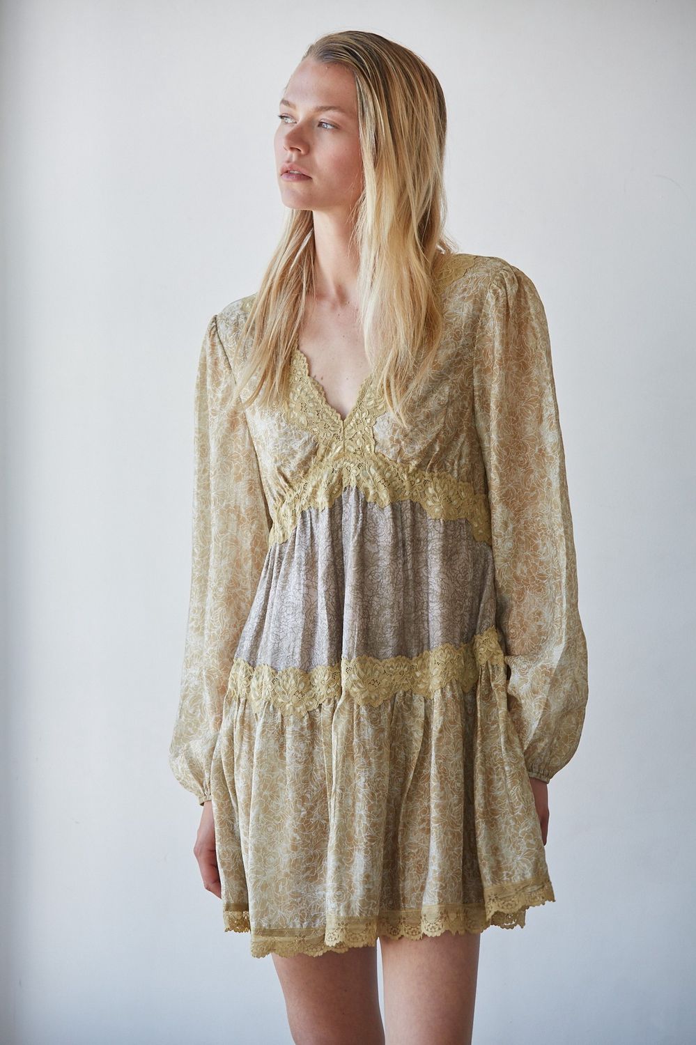 Chelsea Tiered Long Sleeve Mini Dress - Mustard Olive