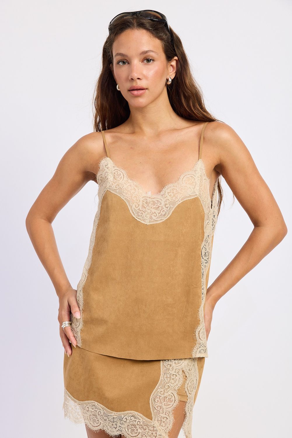 Stop By Sleeveless Lace Detail Top - Camel