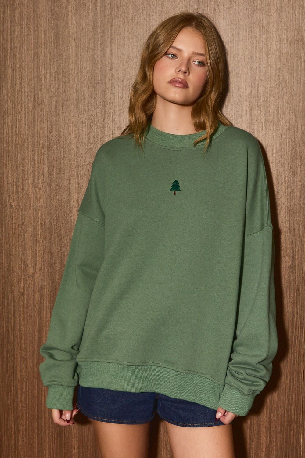 Christmas Tree Embroidered Sweatshirt - Dusty Green
