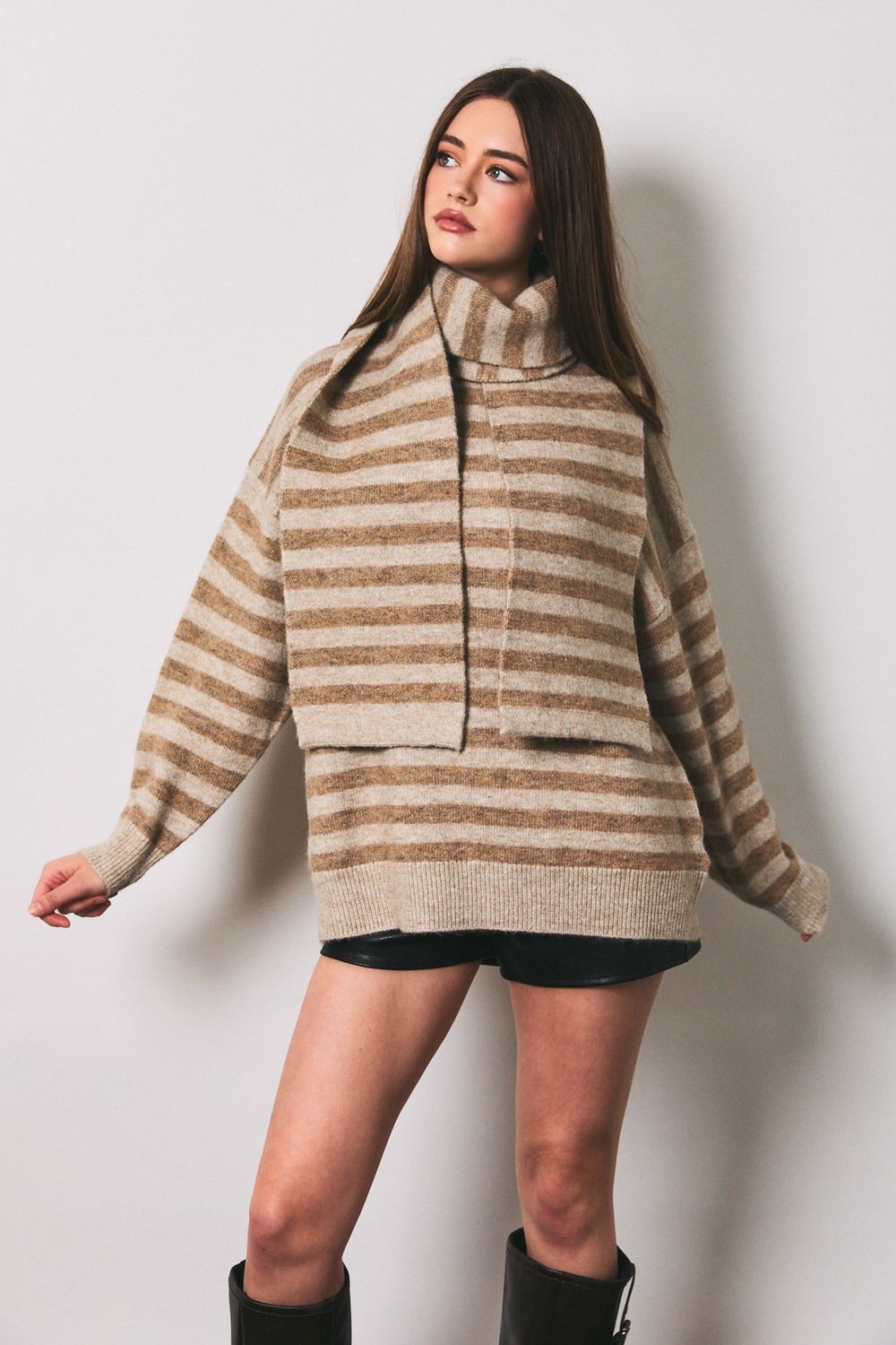 Fall Nights Sweater W/ Scarf - Oatmeal/ Taupe Stripe