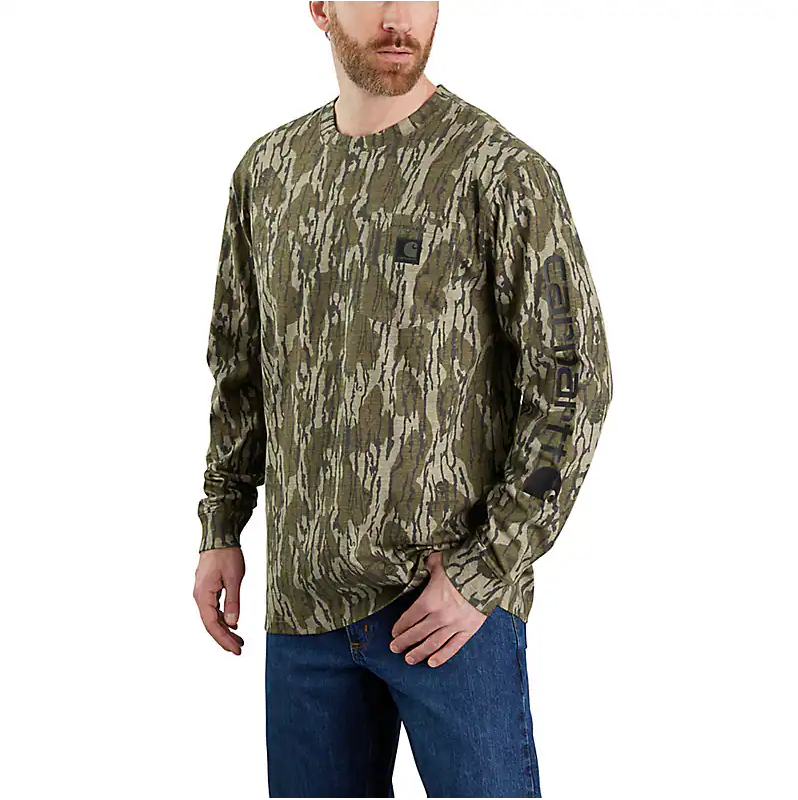 Dearborn Loose Long Sleeve Pocket Camo Logo Graphic T-Shirt - Mossy Oak Bottomland Camo