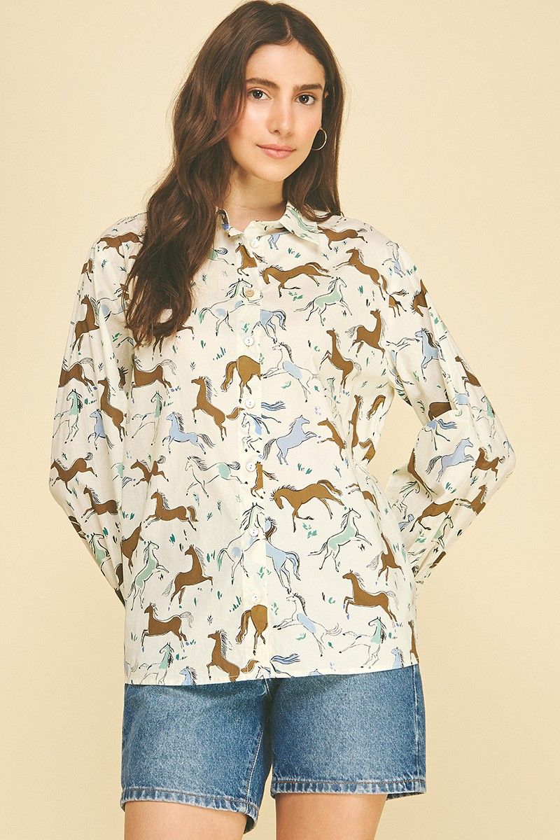 Horse Print Button Down Top - Cream Multi