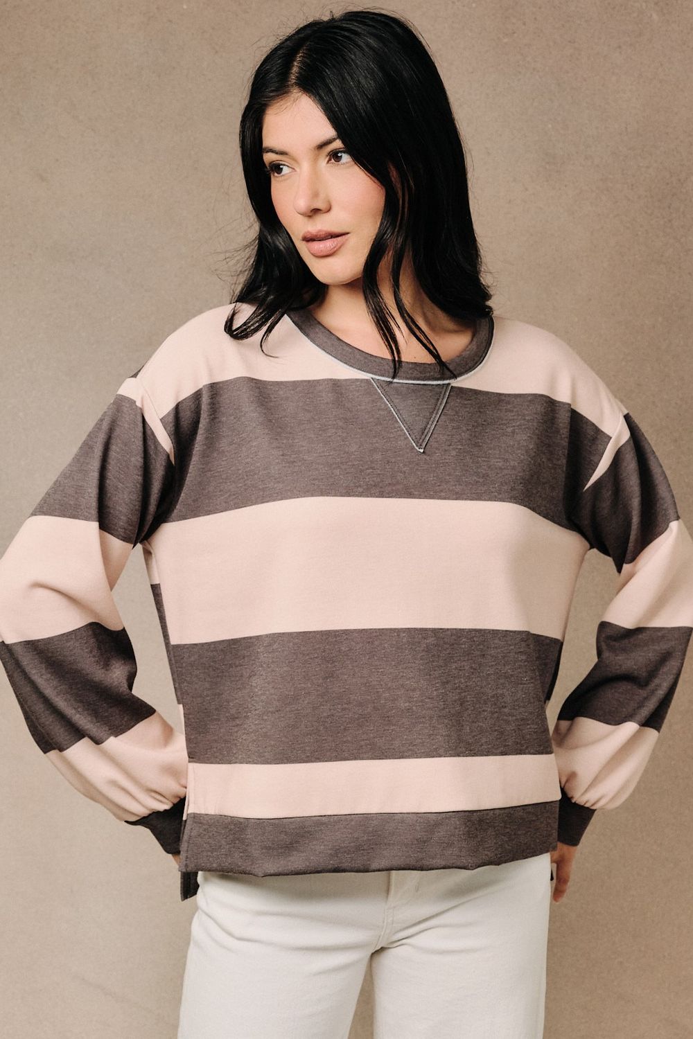 Need This Striped Long Sleeve Top - Brown/ Taupe