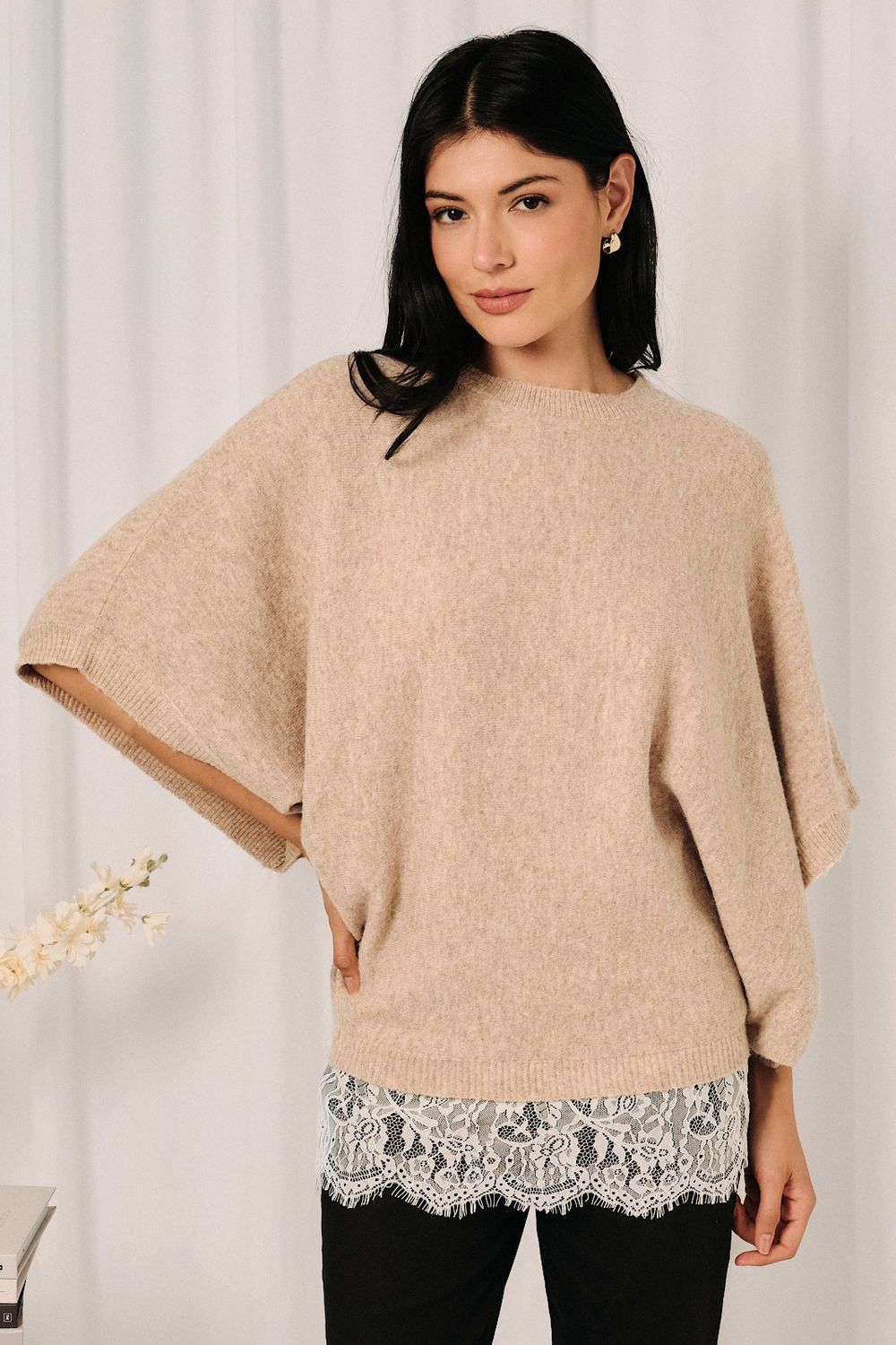 Stay Late Lace Trim Short Sleeve Top - Ecru