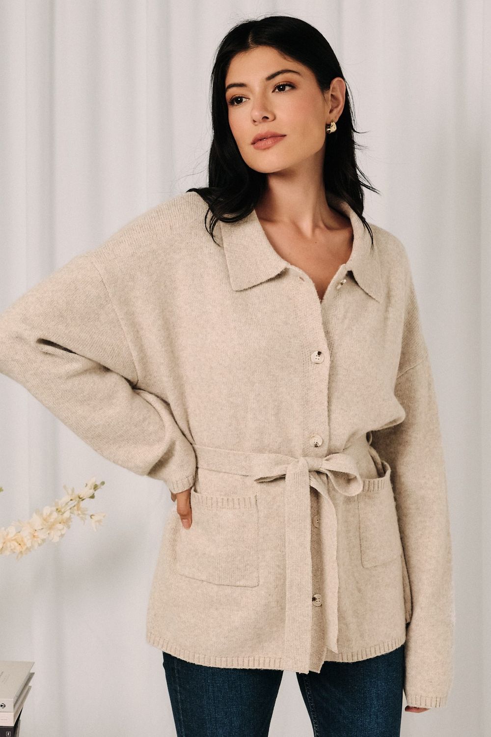 Knew You Button Cardigan With Tie - Oatmeal