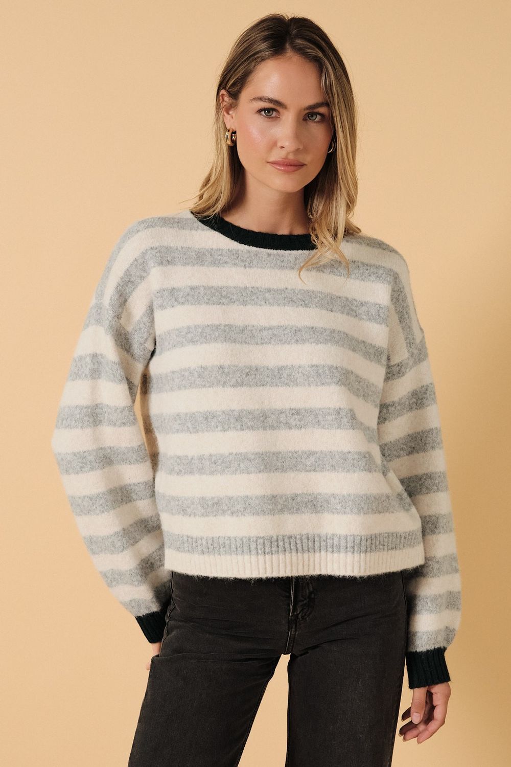 See You Striped Sweater - Cream/ Grey