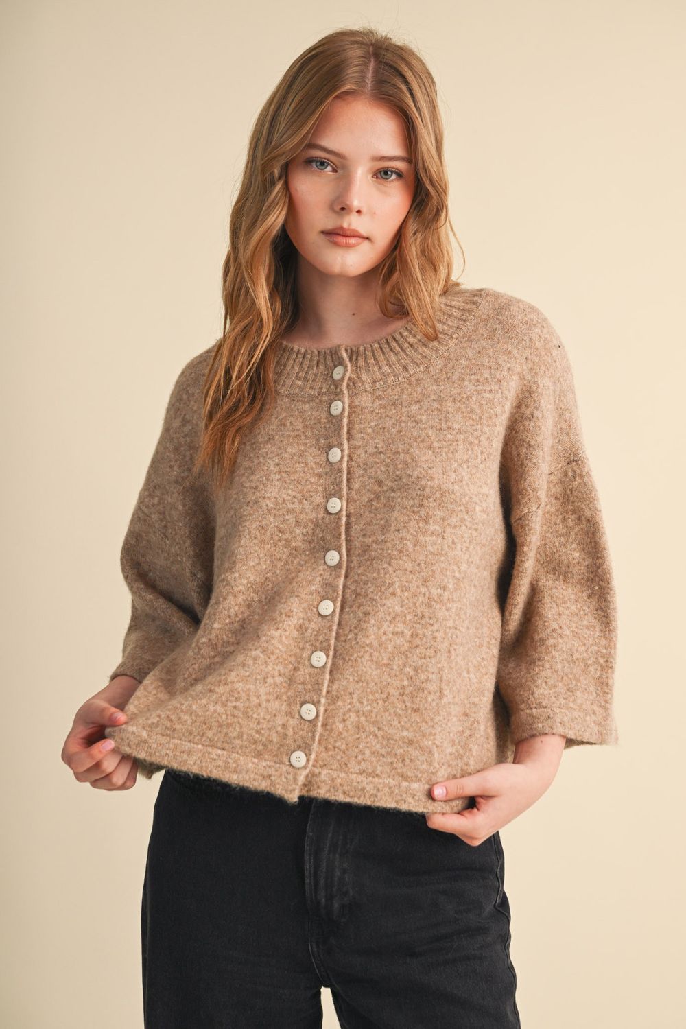 Cozy Harvest Short Sleeve Button Down Sweater Top - Mocha Brown