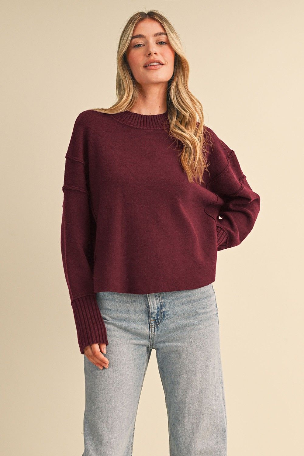 Soft Side Long Sleeve Sweater - Mauve Wine