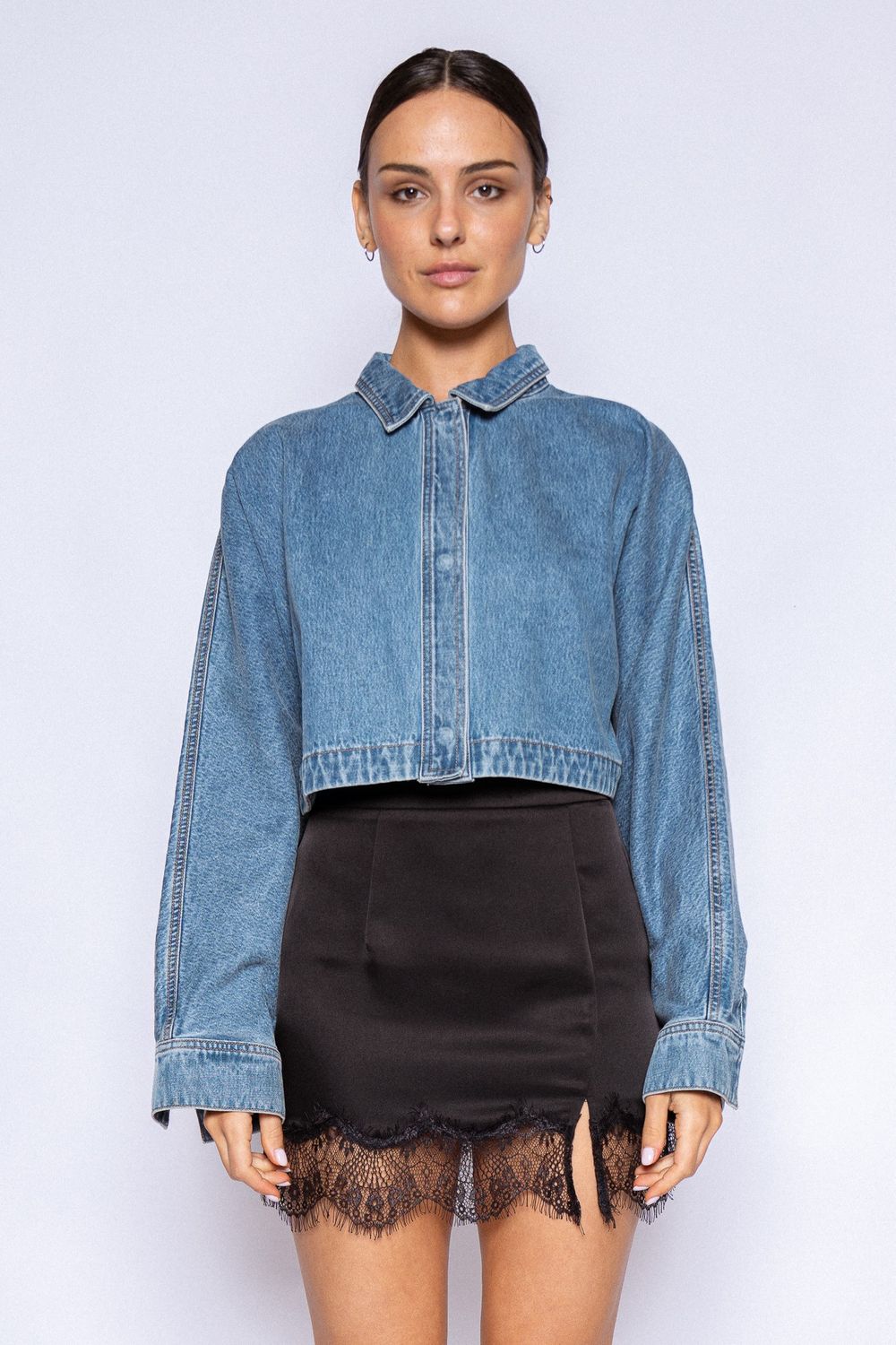Dolman Long Sleeve Loose Denim Jacket - Blue Denim
