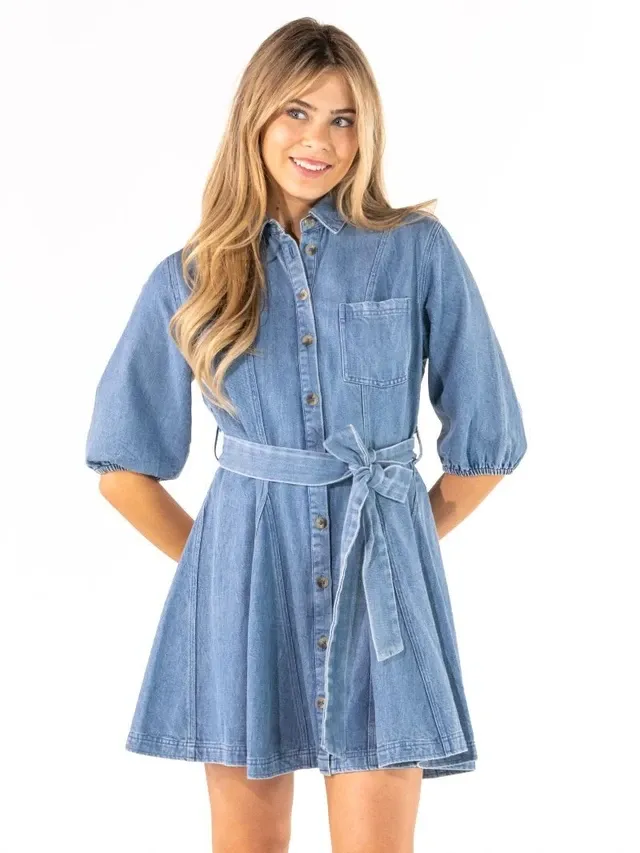 The Western Short Sleeve Denim Dress - Blue Jean Denim