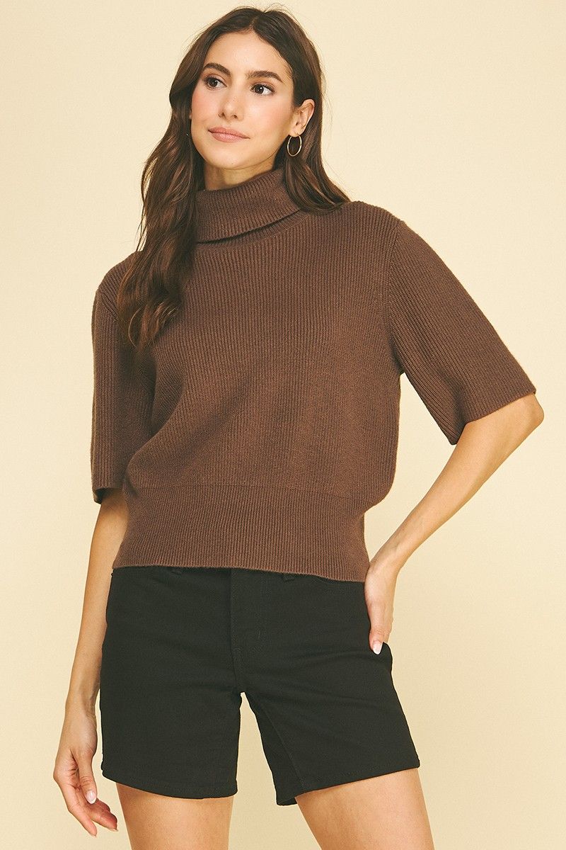 Off the Clock Turtle Neck Short Sleeve Knit Sweater - Dark Chocolate