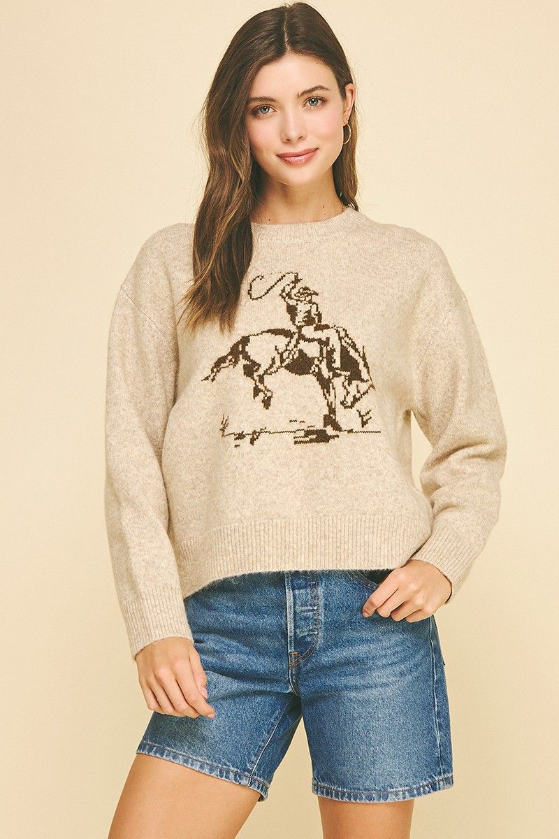 Cowgirl Ridin' Cozy Graphic Sweater - Oatmeal