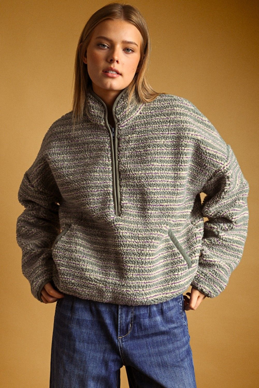 Hanging On 1/4 Zip Sherpa Pullover - Grey / Purple