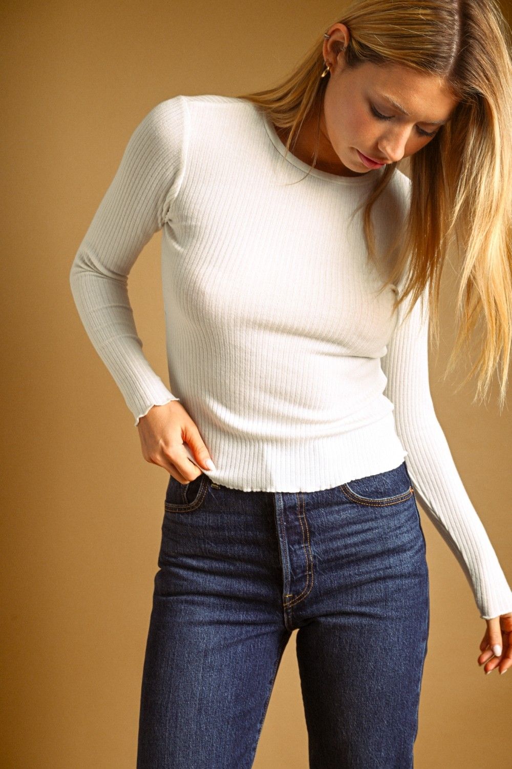 Coffee and Class Long Sleeve Ribbed Top - Ivory