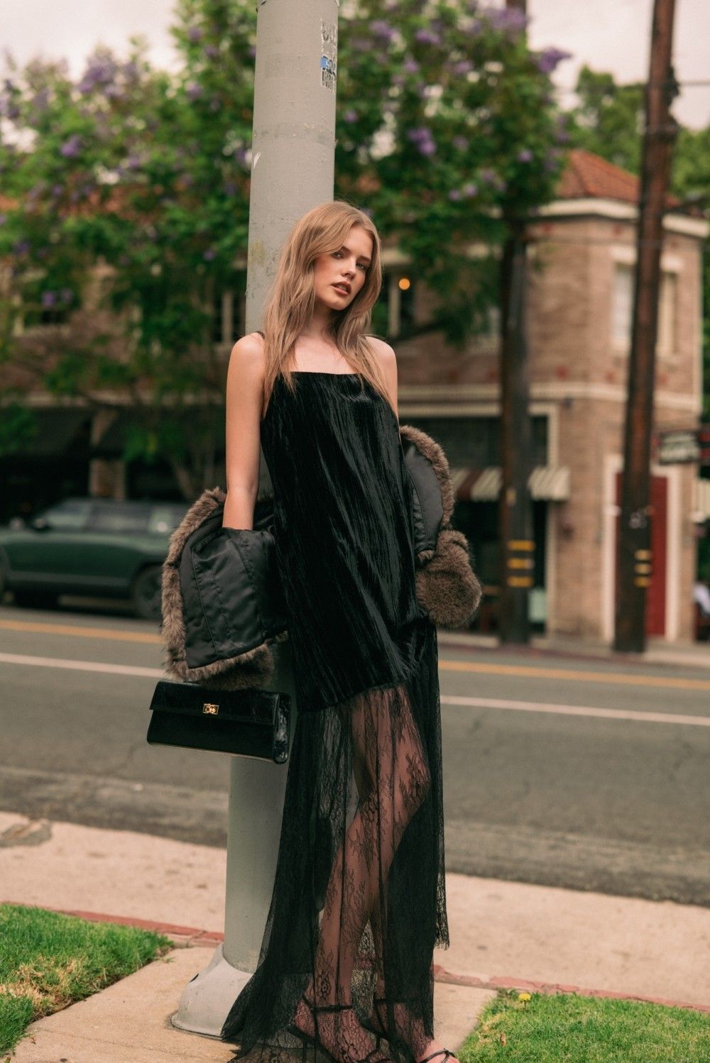 A Statement Velvet Lace Detail Maxi Dress - Black