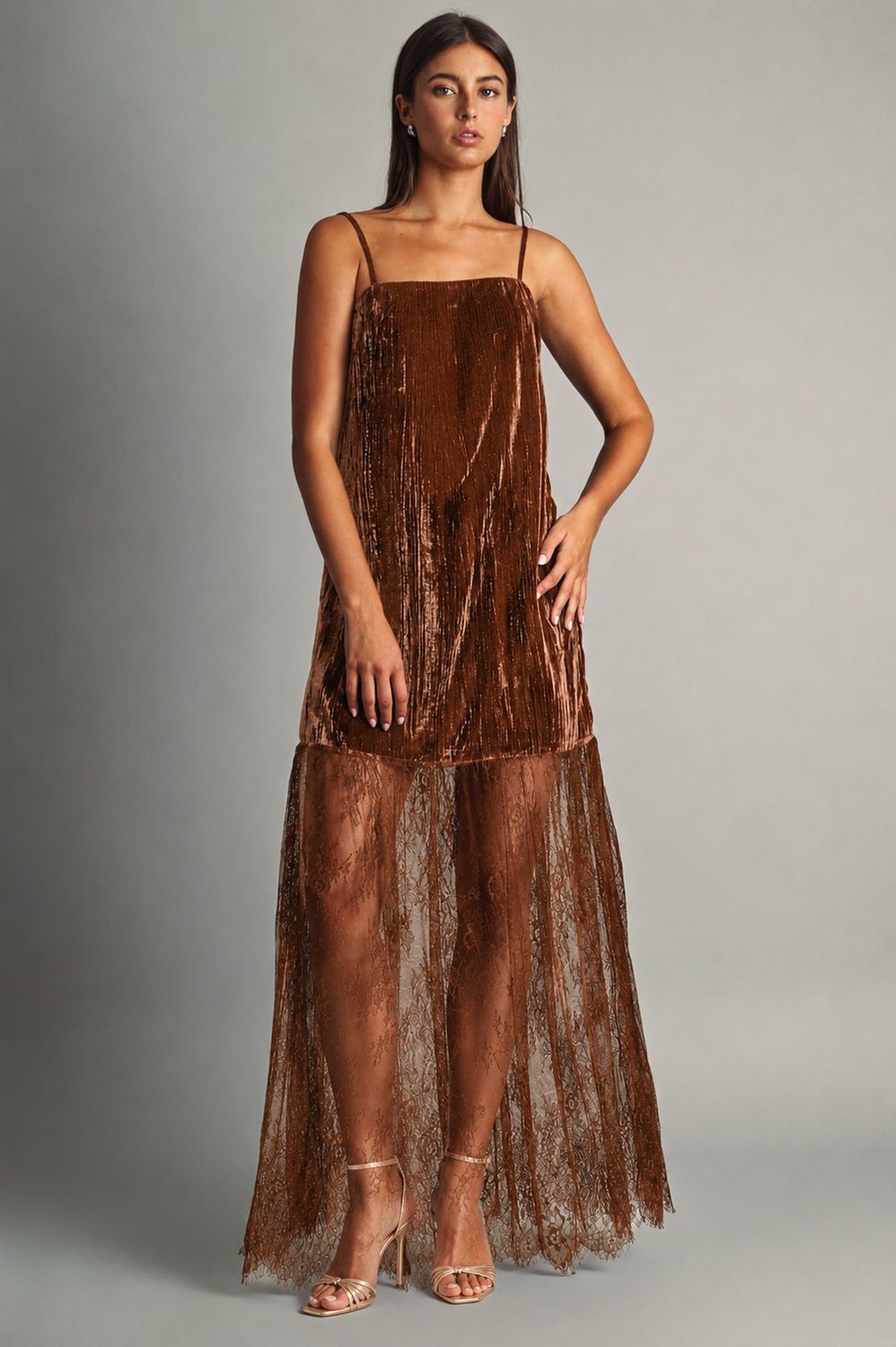 A Statement Velvet Lace Detail Maxi Dress - Brown