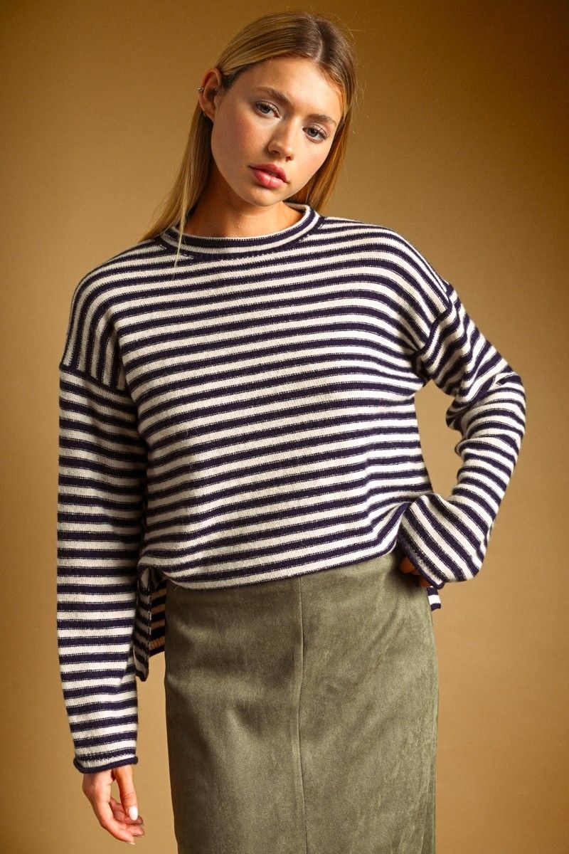 Everyday Stripped Long Sleeve Sweater - Navy
